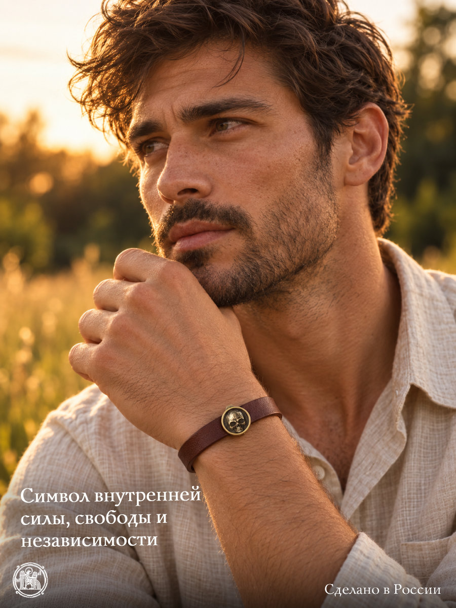Браслет узкий с круглым шармом «Череп»